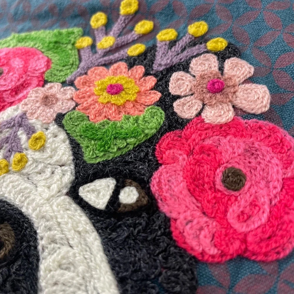 Karma Living French Bulldog Frenchie Pug Floral Crochet Applique Tea Towel 18x26